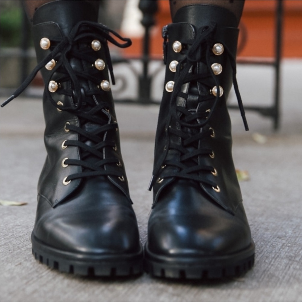 Stuart Weitzman Laine Black Leather combat Boots with peal accents